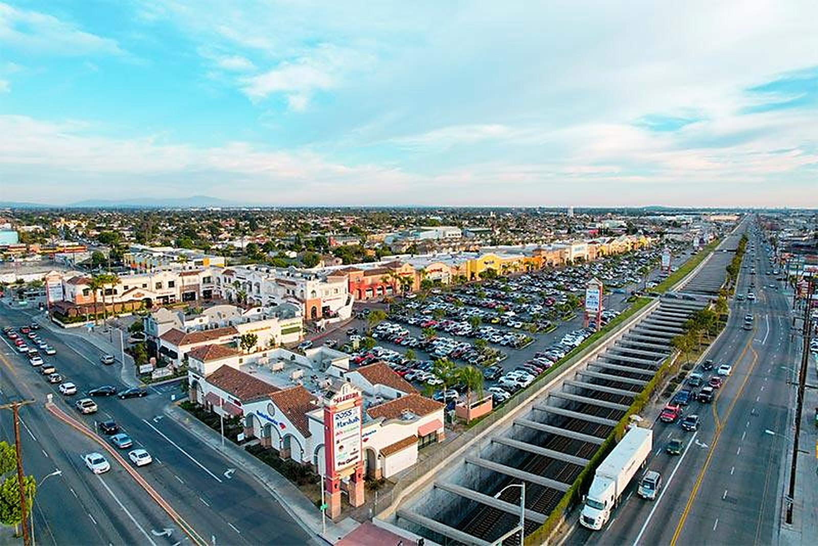 Aerial view along Florence Avenue showing the full center