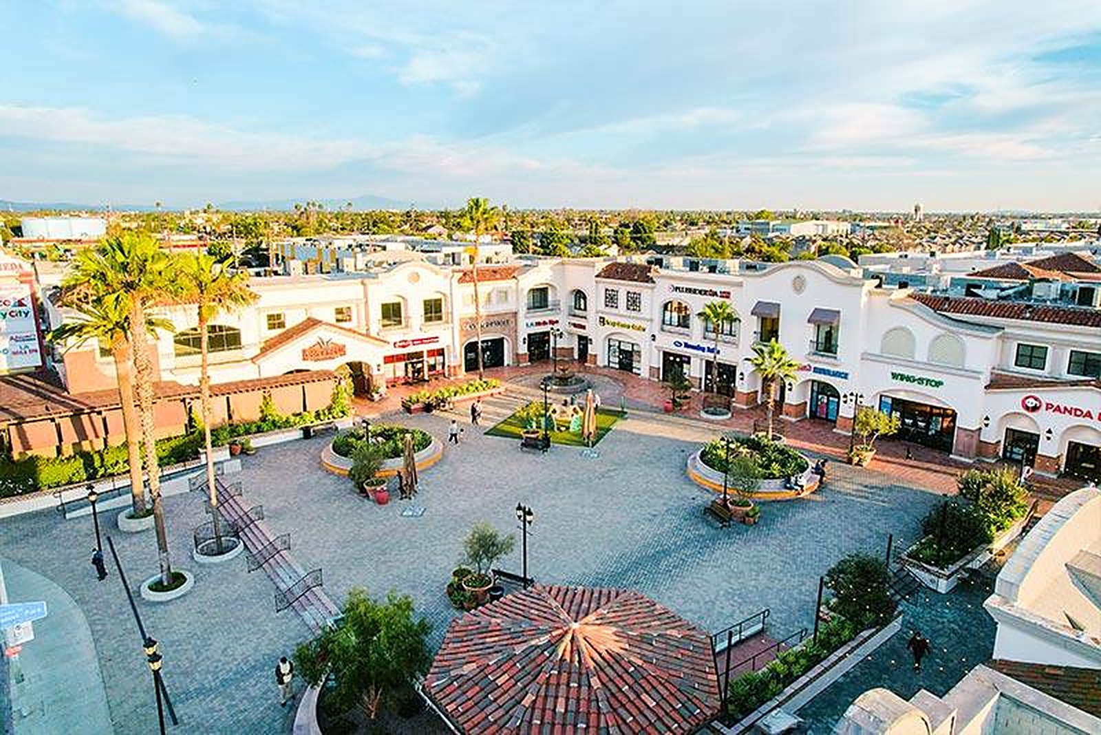 The main plaza at Plaza La Alameda at golden hour