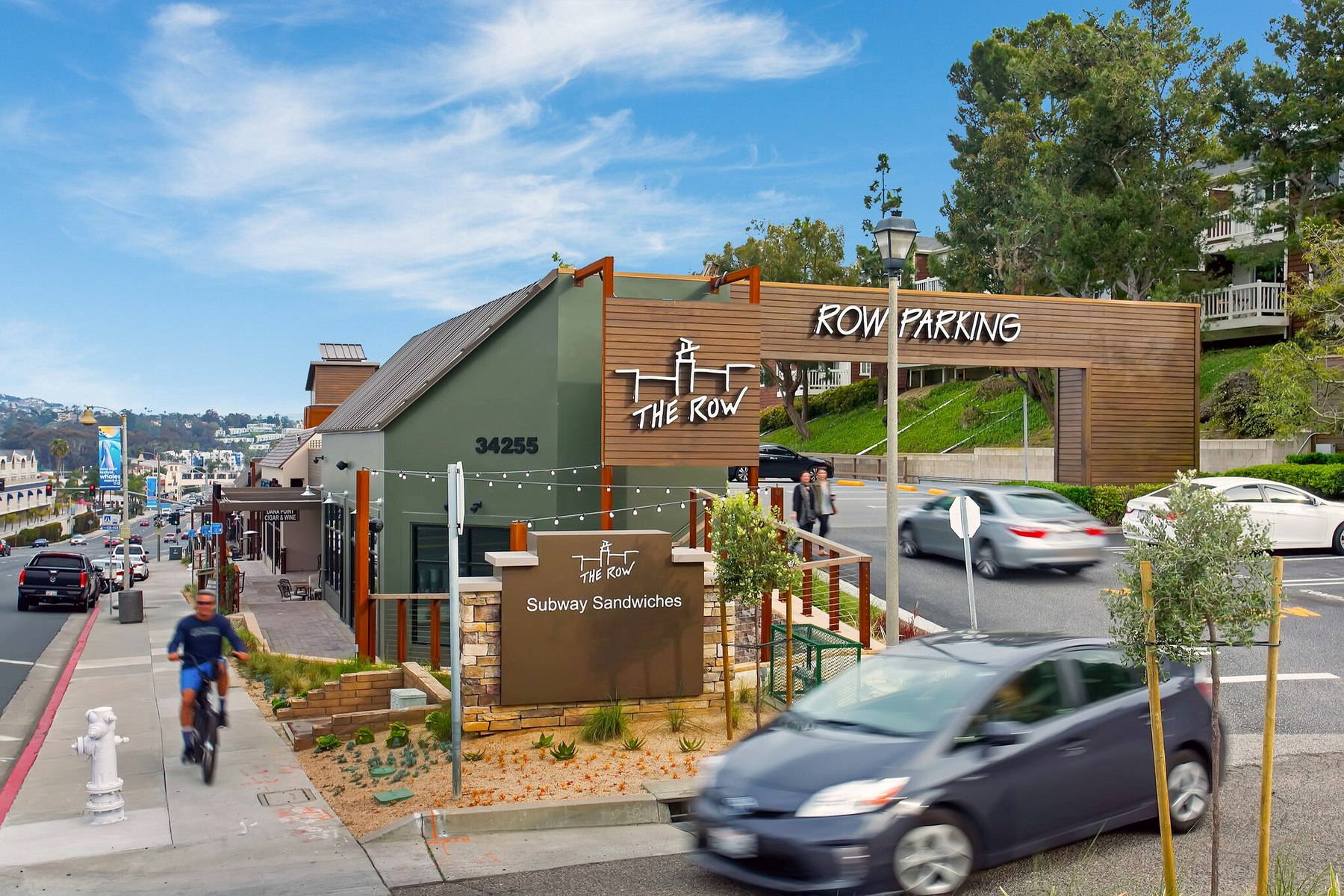 The Row at Dana Point storefronts and signage on Pacific Coast Highway